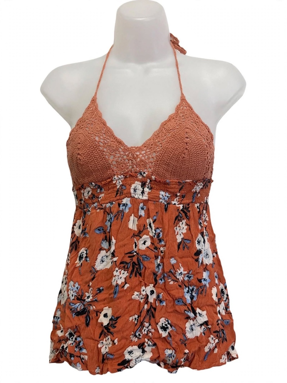 Source Unknown Crochet Halter Floral Top - Rust and White with Blue Accents